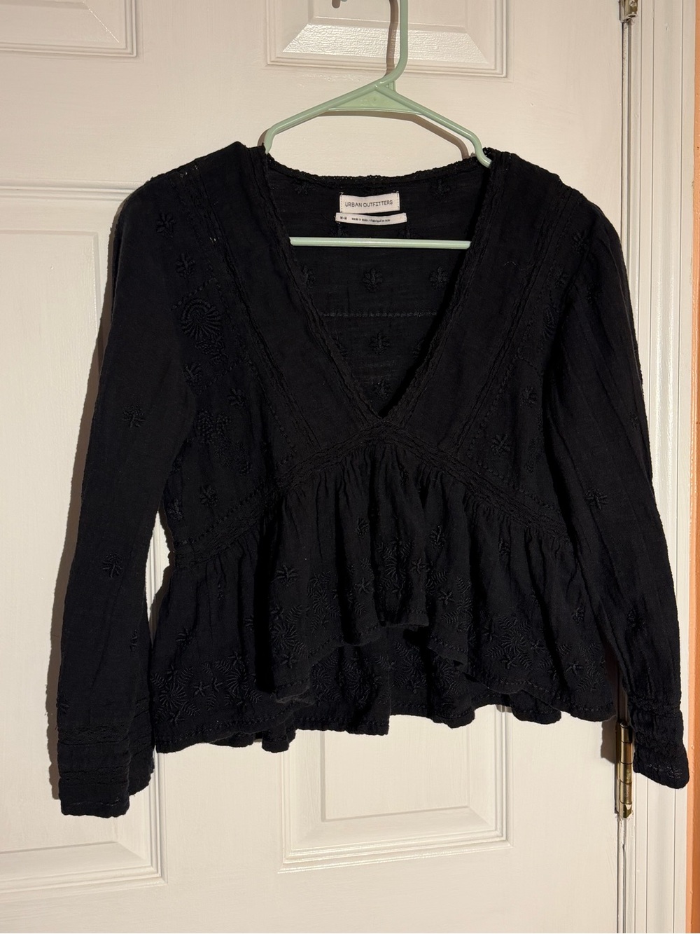 Urban Outfitters Black Embroidered Peplum V-Neck Blouse
